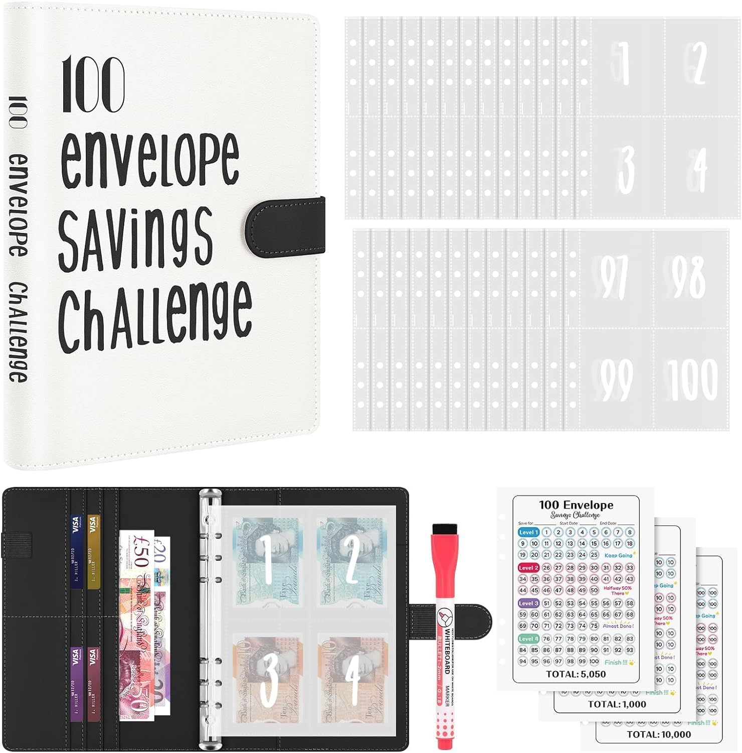 WenmthG 100 Envelopes Saving Challenge, A5 Money Saving Wallet with Cash Envelop...