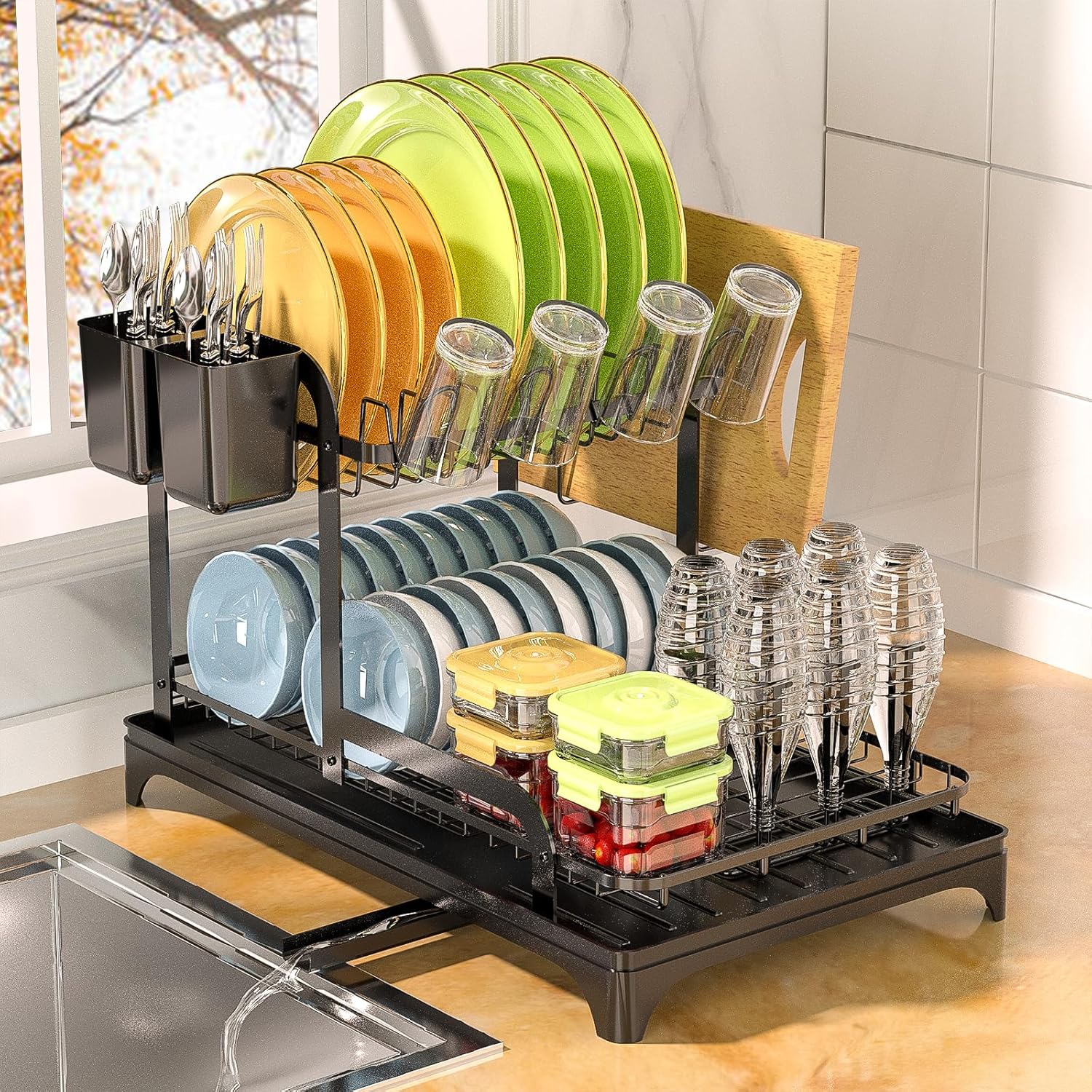 Yexati Large Capacity Dish Drainer 2-Tier Dish Drying Holder with Drip Tray Anti...