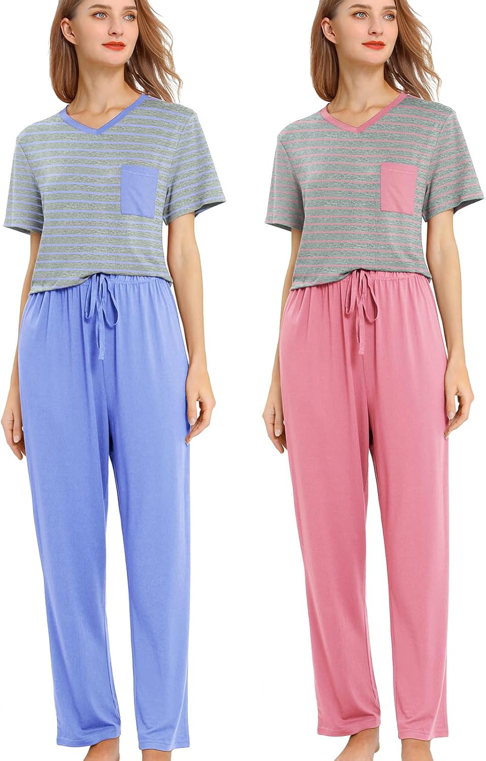 2 Pack: Women's Pajama Set Soft Long&Short Sleeve Top With Pants Loungewear Slee...