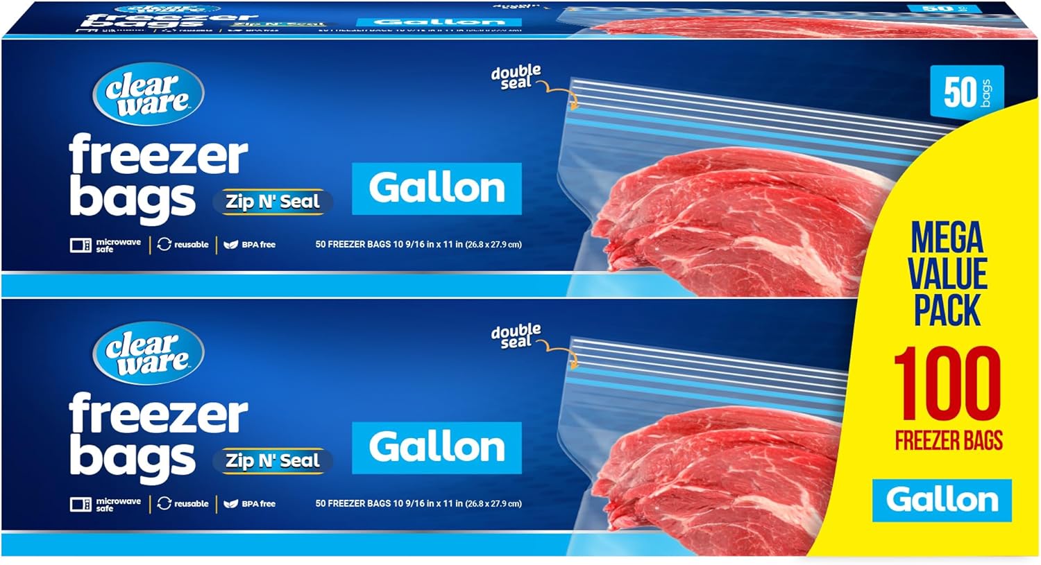 Gallon Freezer Bags, Double Zipper Seal - 100 Count, Thick Resealable Plastic Ga...