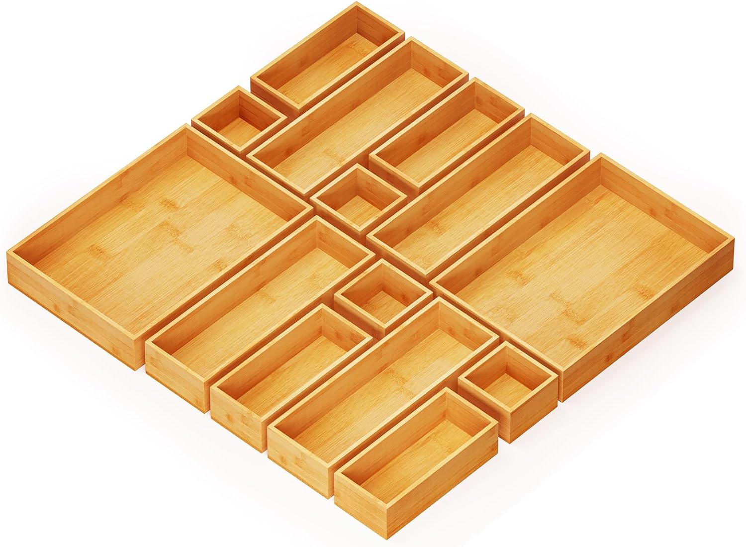 SpaceAid 14-Piece Bamboo Drawer Organizer Storage Boxes Set, Wood Tray Junk Draw...