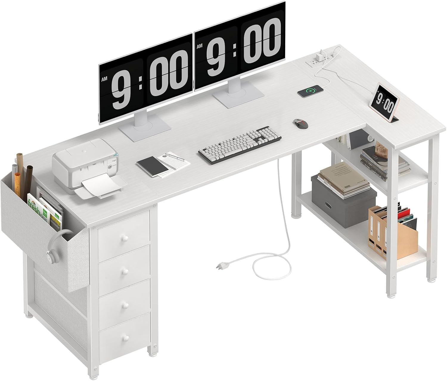 Lufeiya White L Shaped Computer Desk with Drawers & Storage Shelves, 63 Inch Cor...