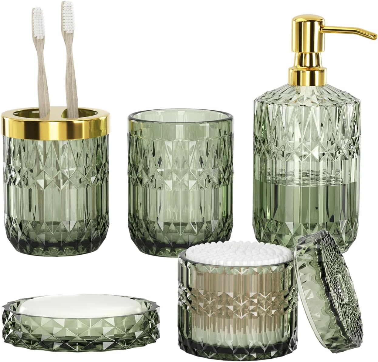 Green Bathroom Accessories Set - 5 PCS Glass Bathroom Decor with Soap Dispenser...