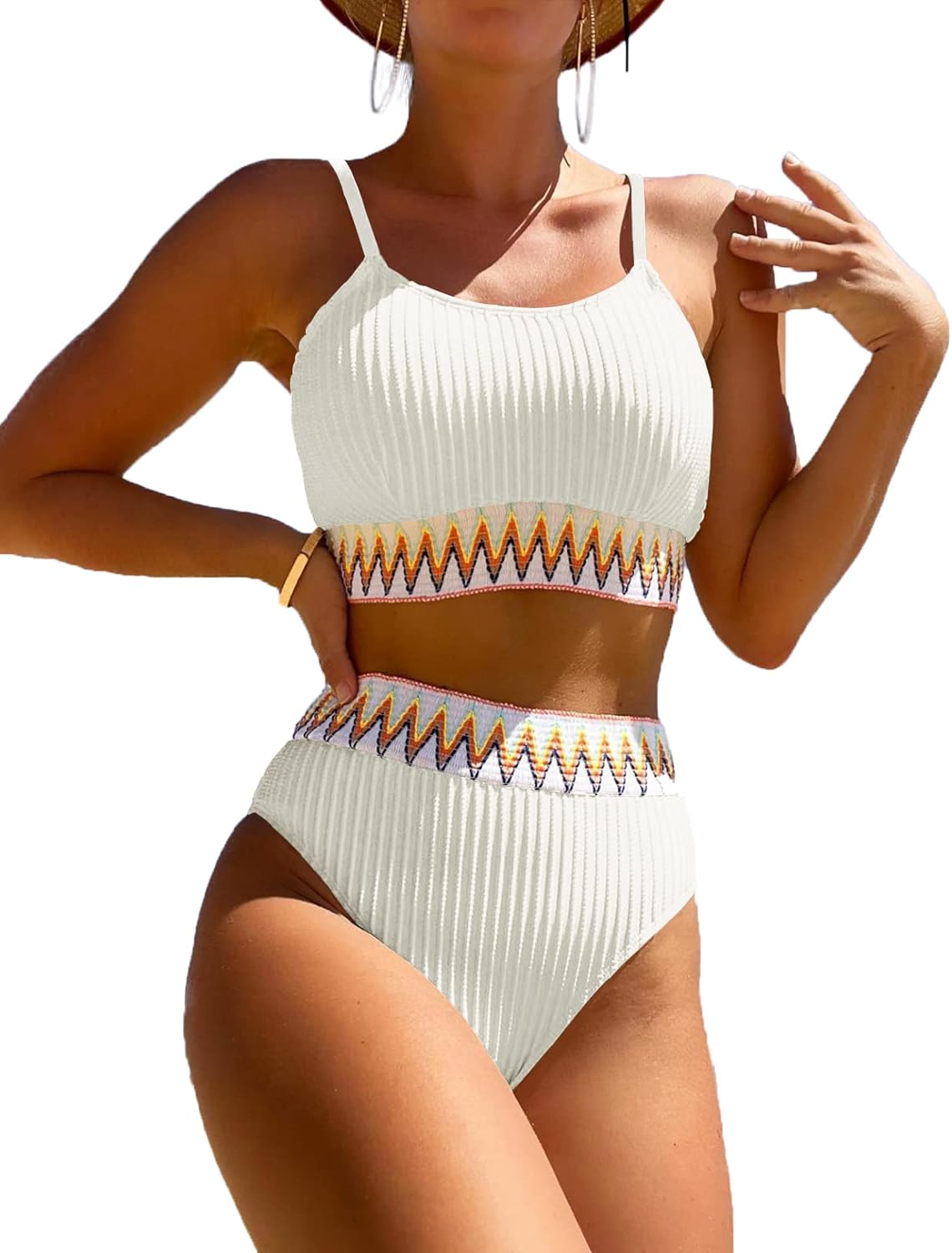 Women's High Waisted Swimsuit Two Piece Ribbed Bikini Sets Crop Top High Cut Che...