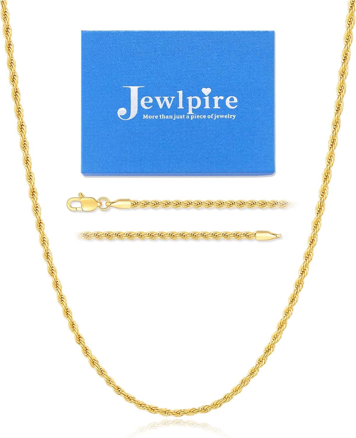 Jewlpire 14K Gold Rope Chain Necklace for Men Women, 2.5mm 3mm 4mm Mens Necklace...