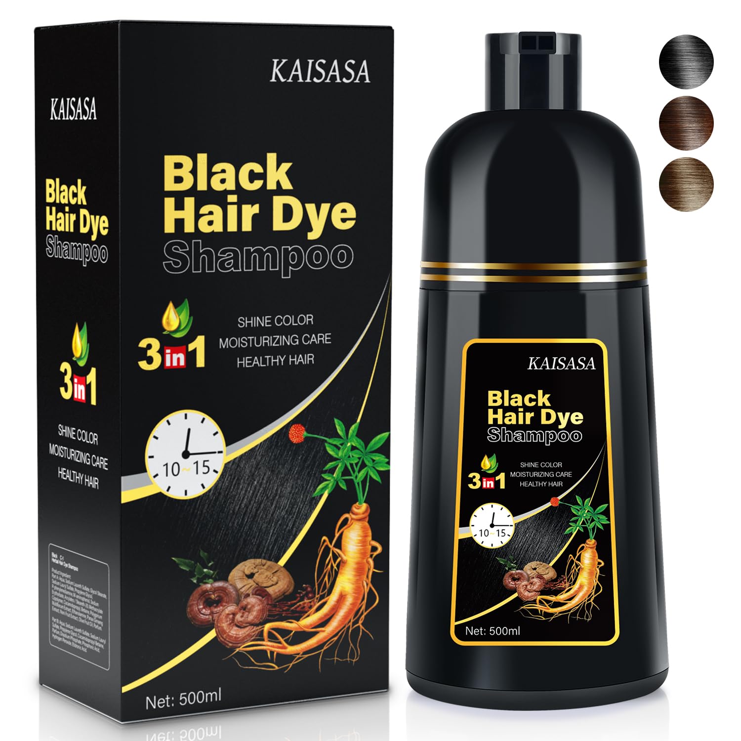 Natural Black Hair Dye Shampoo Instant & Easy 3-in-1 Hair Color Solution for Men...