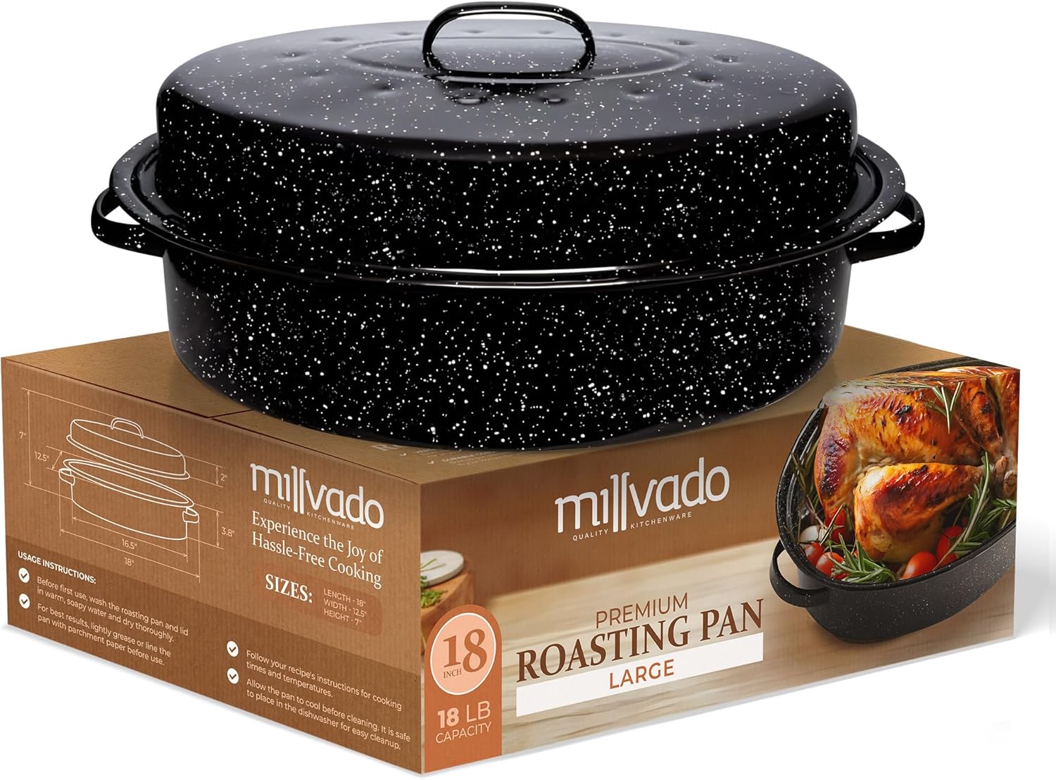 Granite Roasting Pan With Lid, Special Turkey Roaster Pan, Innovative Extra Larg...