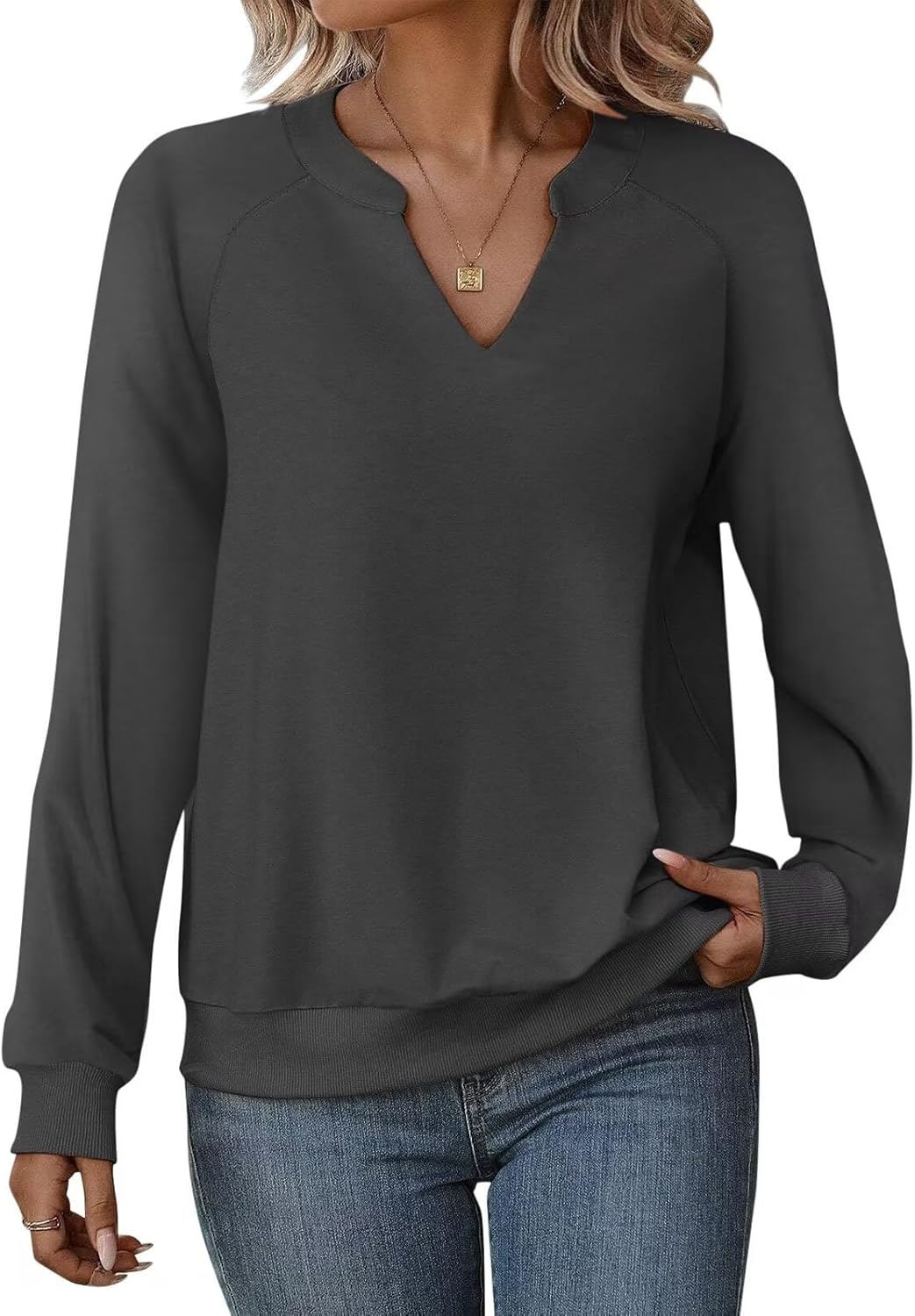 EADINVE Women Casual Long Sleeve V Neck Sweatshirts Cute Loose Fit Lightweight P...