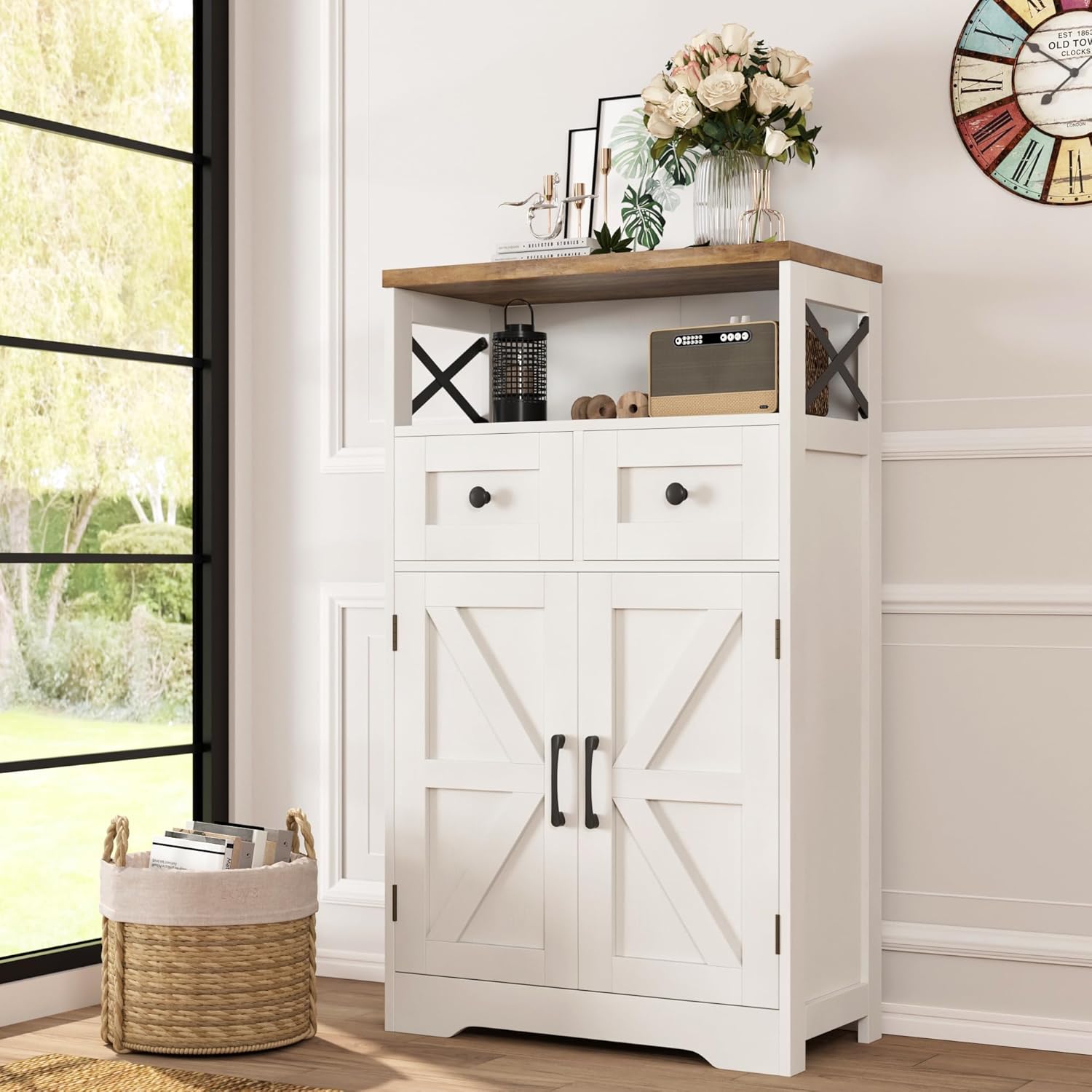 Farmhouse White Storage Cabinet with Doors and Drawers, Freestanding Kitchen Pan...