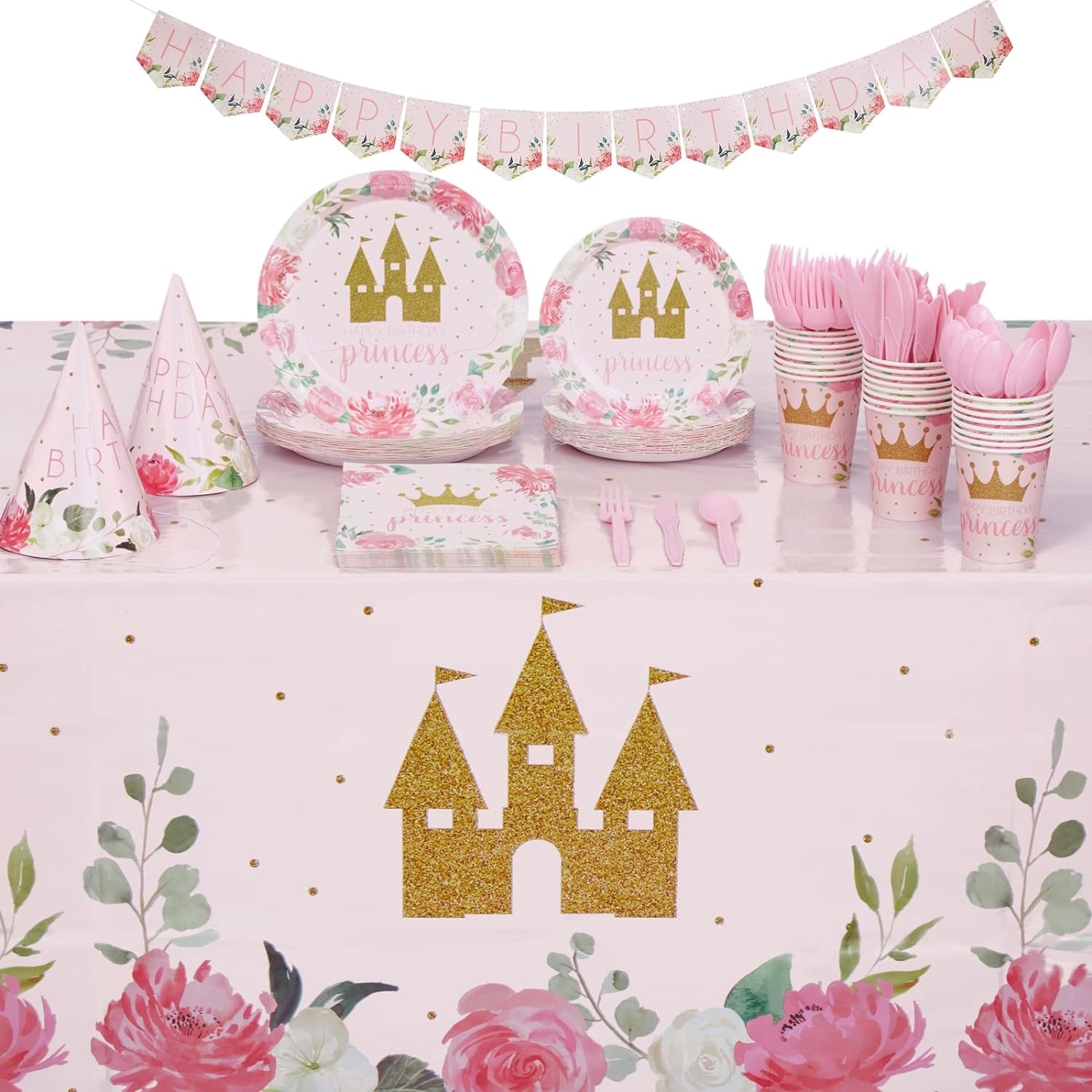 BLUE PANDA 194-Piece Princess Birthday Party Decorations - Pink Dinnerware Set w...