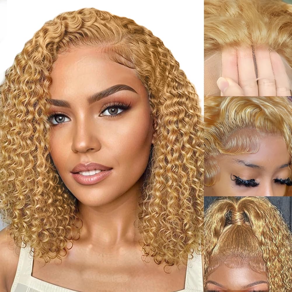 Honey Blonde Curly Wig, Special Human Hair Wig, Innovative 12 Inch 13x4 Blonde D...