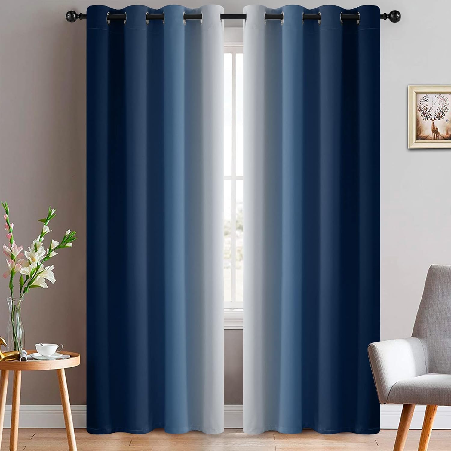 Yakamok Blue and Greyish White Ombre Curtains, Room Darkening Gradient Color Cur...