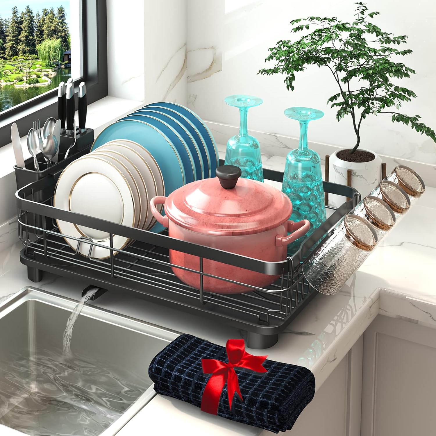 Godboat Dish Drying Rack, Dish Rack with Auto-Drain, Dish Racks for Kitchen Coun...