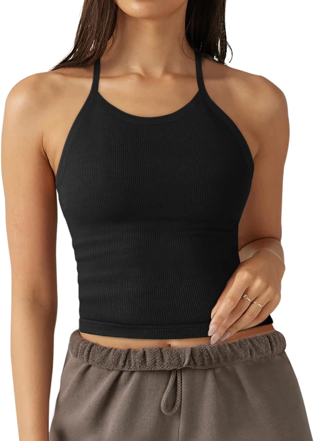 LASLULU Womens Sports Bra Seamless Long Crop Tank Racer Back Spaghetti Strap Wor...
