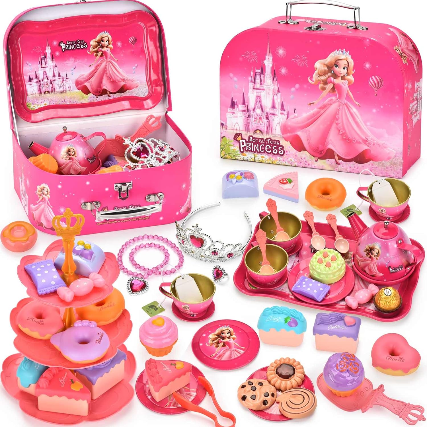 52 Pcs Tea Party Set for Little Girls, Pretend Tin Teapot Set, Princess Tea Time...