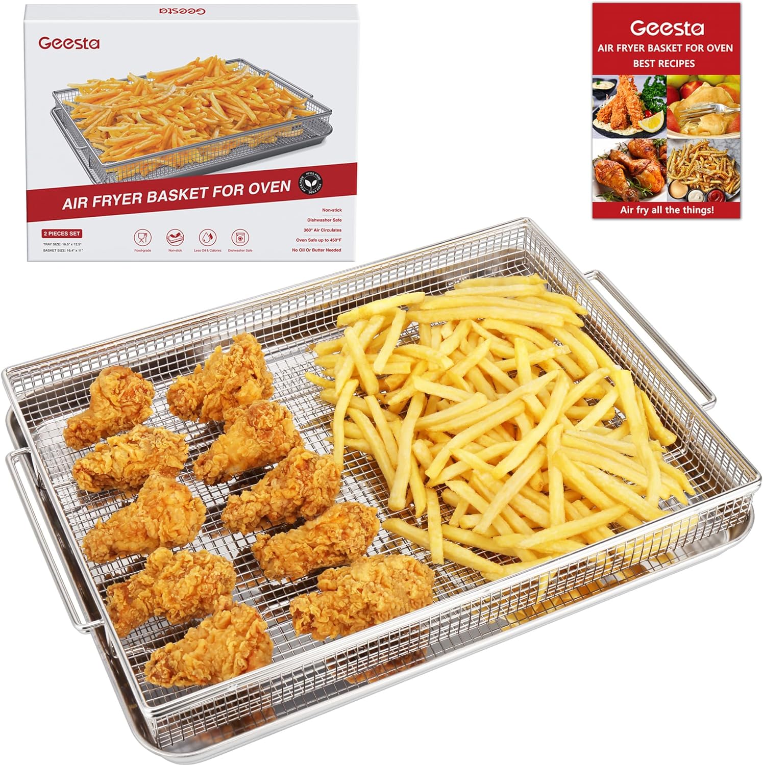 Air Fryer Basket for Oven with 50 Recipes, Extra Large 2 Piece Nonstick Crisper...