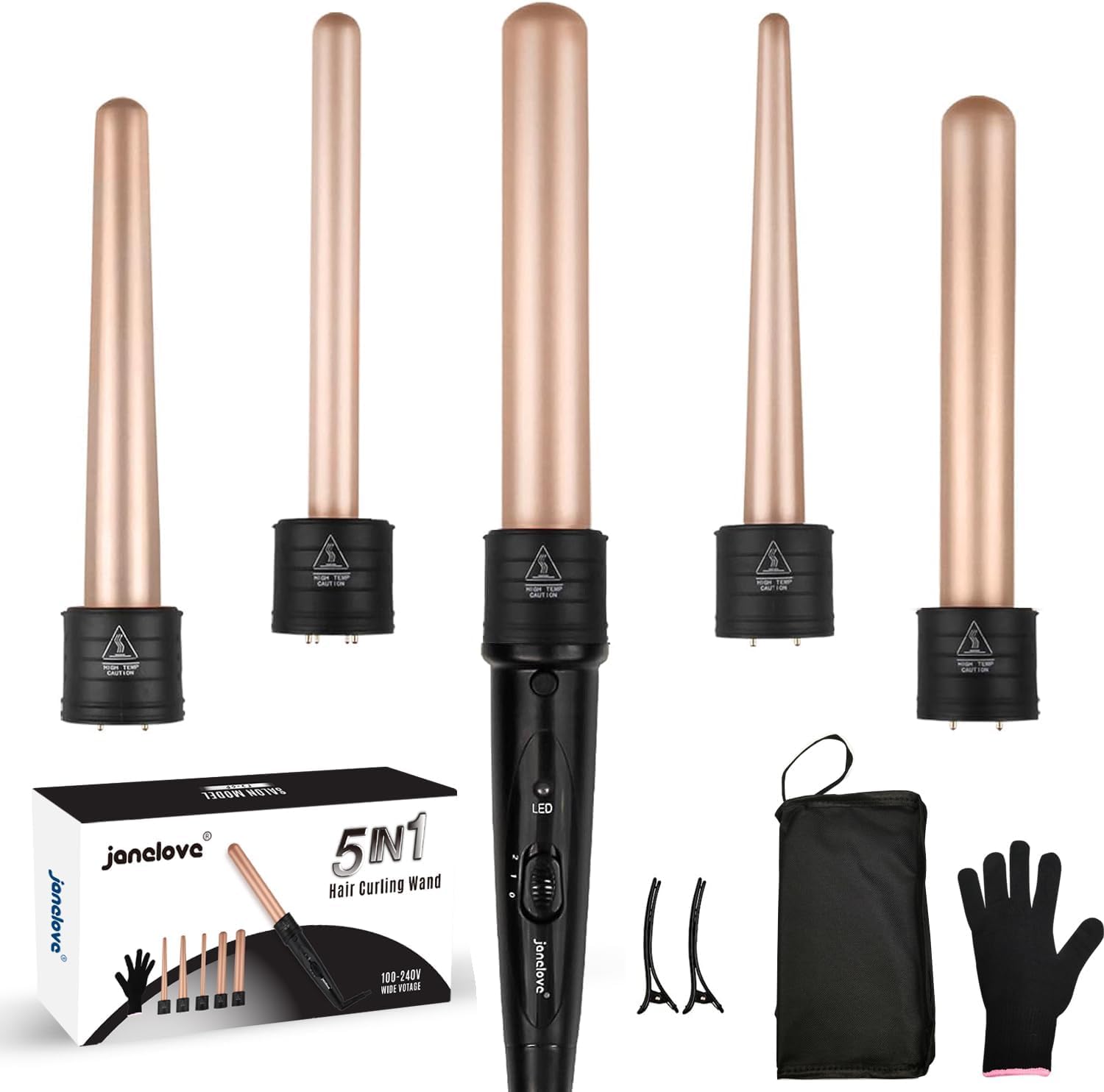 janelove 5 in 1 Wand Curling Iron Set, Ceramic Hair Curling Iron(0.35”-1.25”), H...