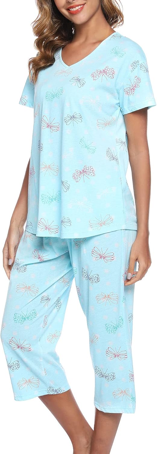 ENJOYNIGHT Womens Pajama Sets Cotton Pj Set Short Sleeve Top With Capri Pants Sl...