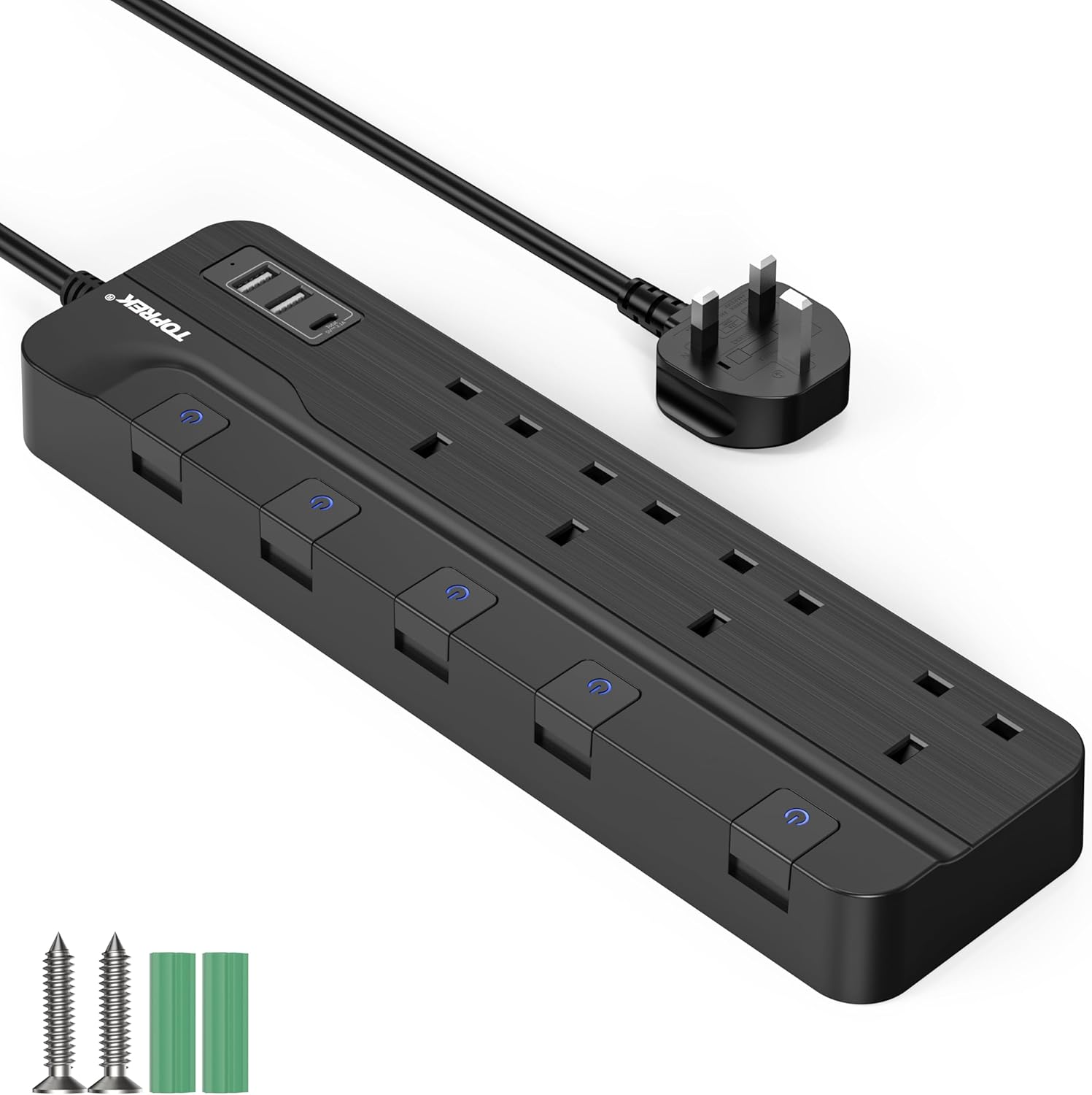 TOPREK 4 Way Extension Lead with Ultra Wide Socket, Individual Switch 2 USB-A, 1...