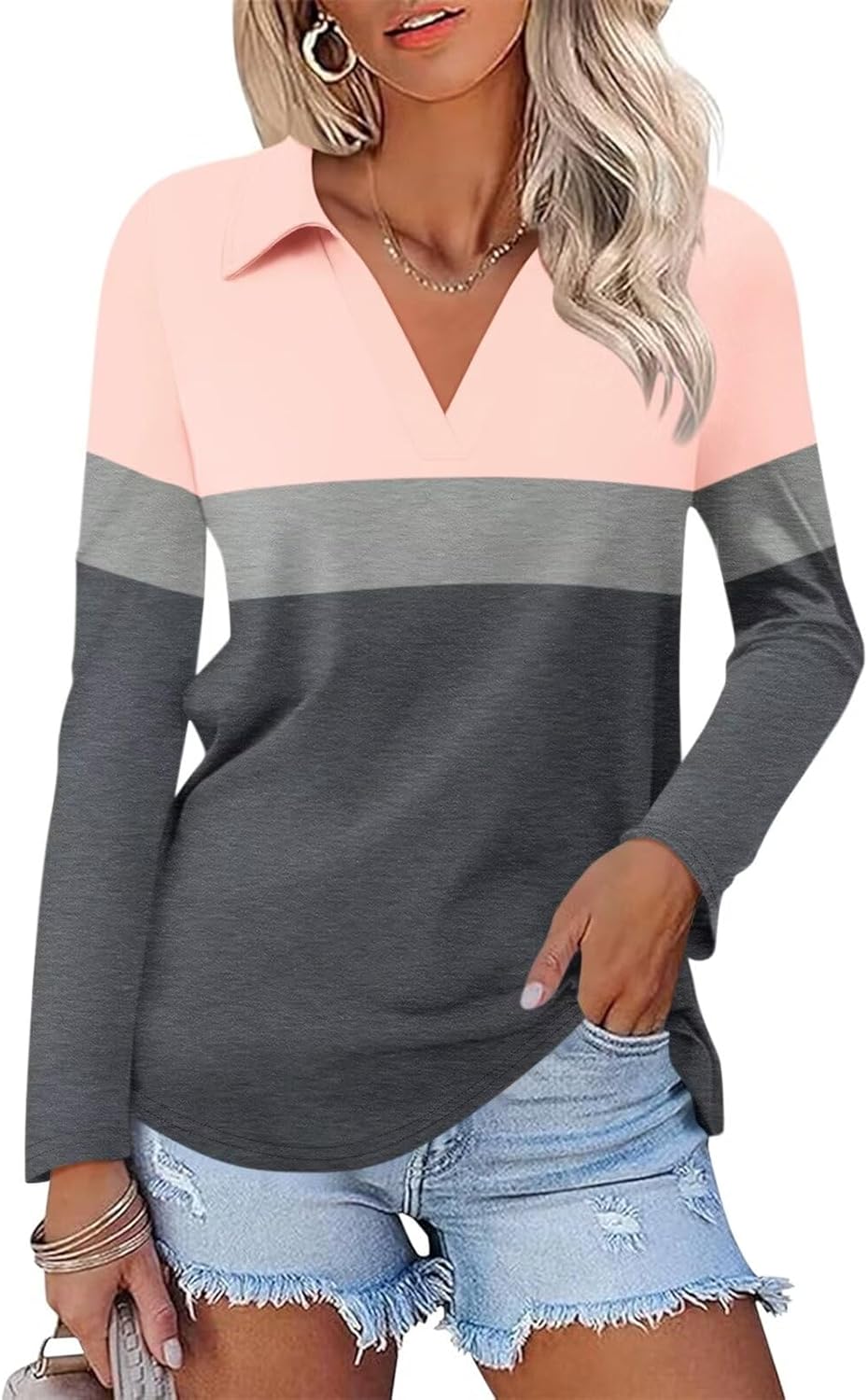 ORANDESIGNE Women's Long Sleeve Polo Shirts Casual Color Block V Neck Tops Fall...