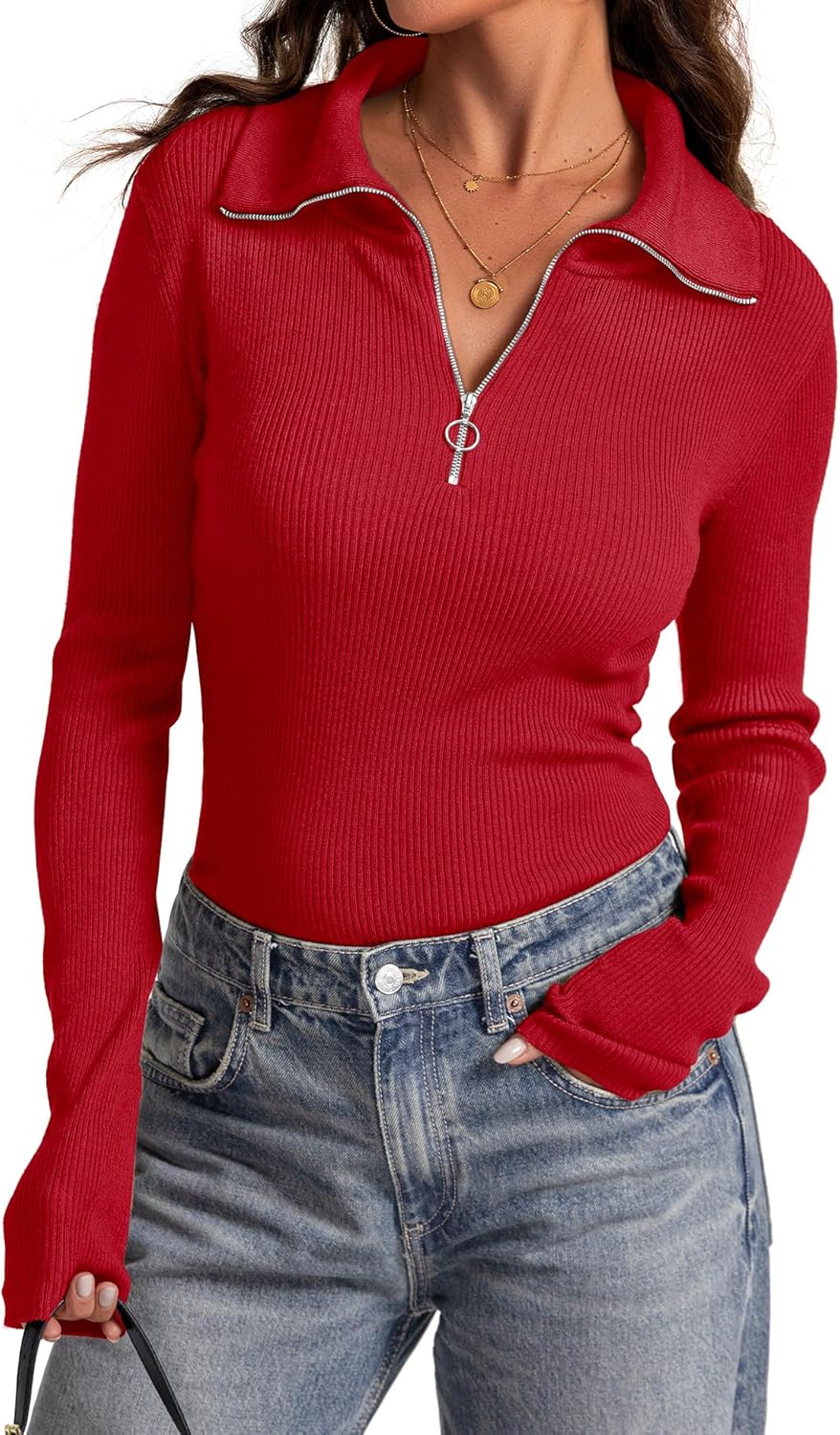 Prettywear Women's Quarter Zip Pullover Sweaters 2024 Long Sleeve Collared Slim...
