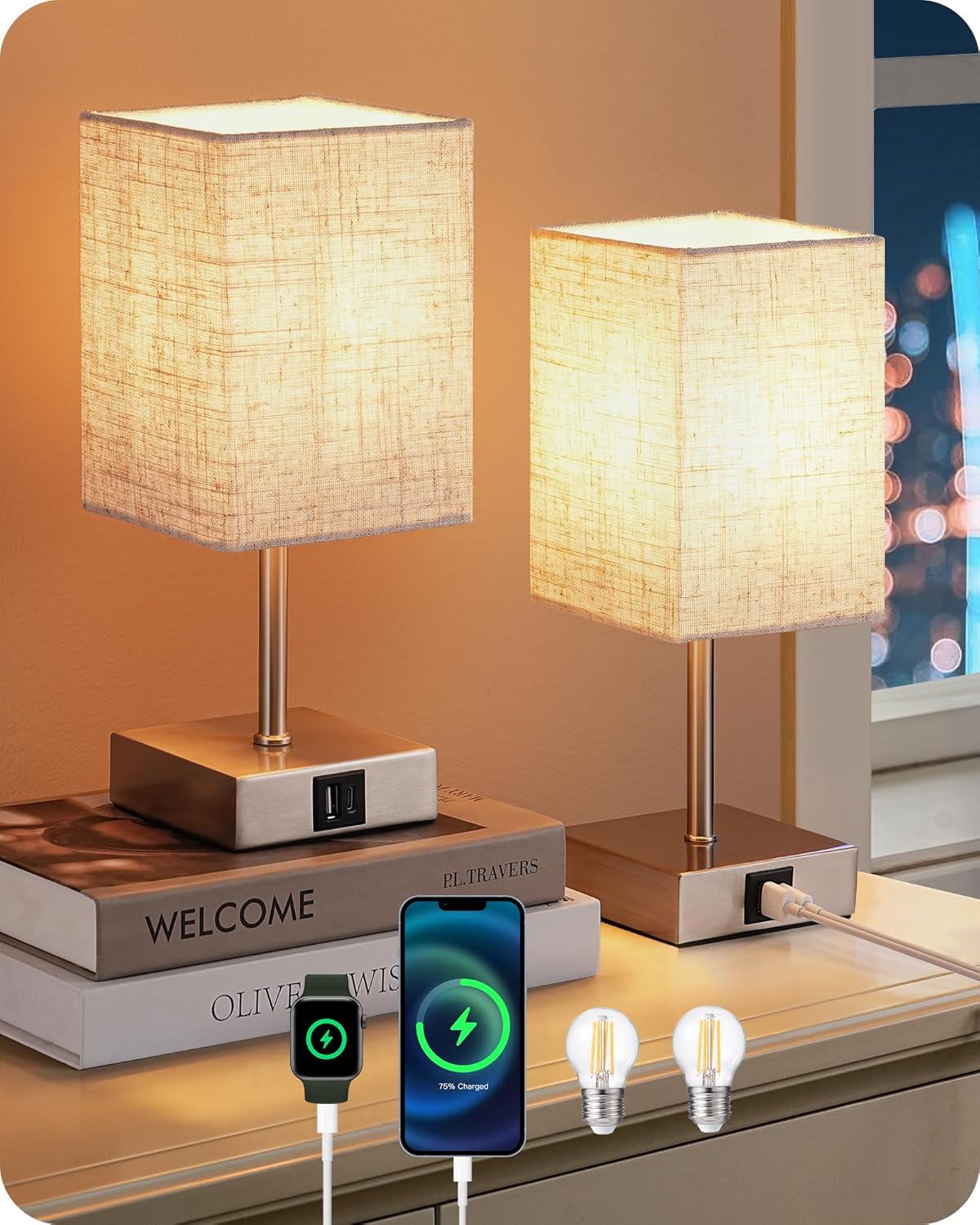 EDISHINE Bedside Lamps Set of 2, 3 Way Dimmable Table Lamps with USB A+C Chargin...