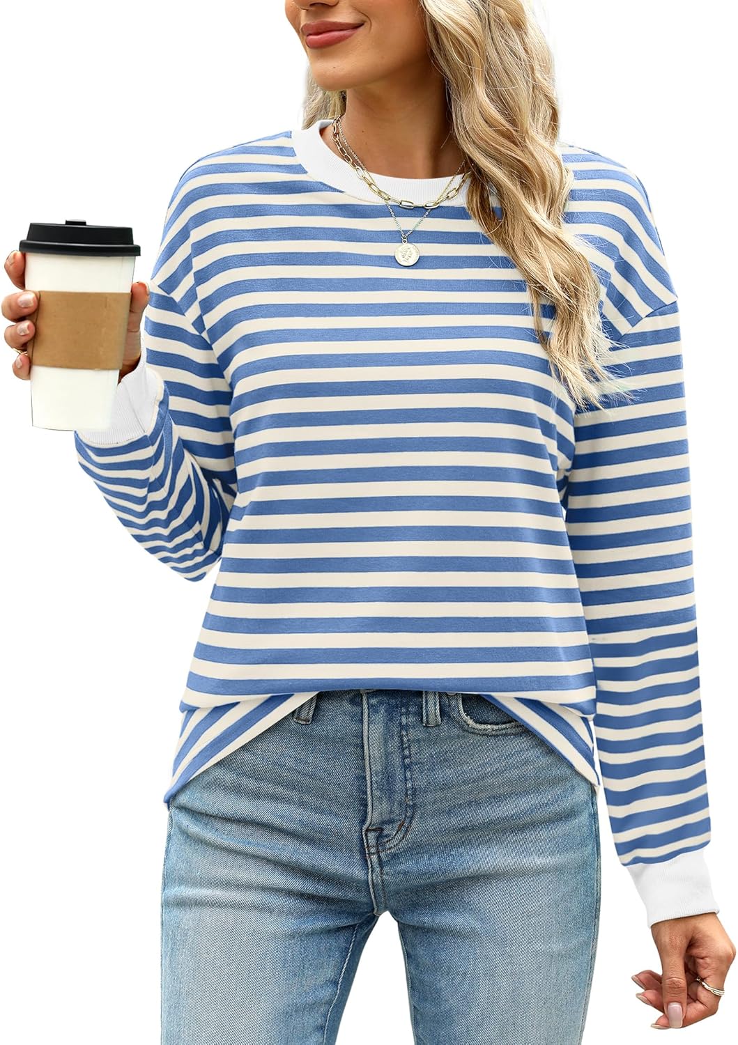 WIHOLL Womens Tunic Tops, Special Striped Shirt with Long Sleeves, Unique Crewne...