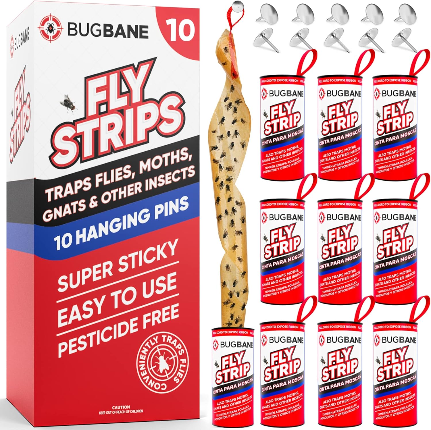 10 Fly Strips Indoor Sticky Hanging with Pins. Fly...