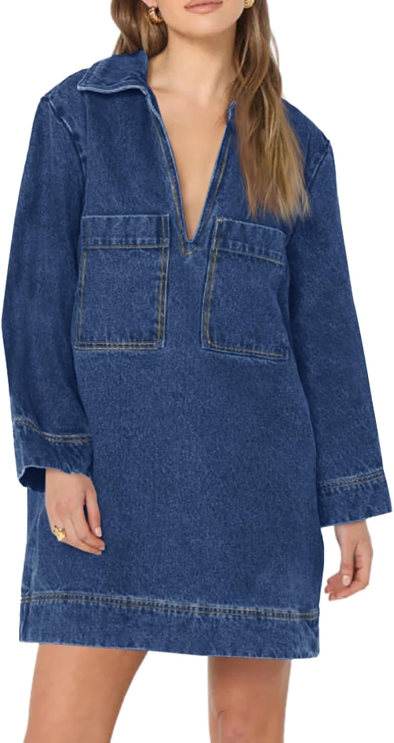 Wenrine Womens Denim Shirt Dress Long Sleeve V Neck Loose Casual Jean Mini Dress...