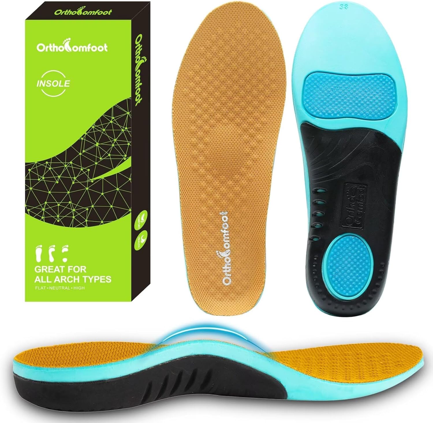 OrthoComfoot Plantar Fasciitis Shoe Insoles, Arch Support Insoles for Women & Me...