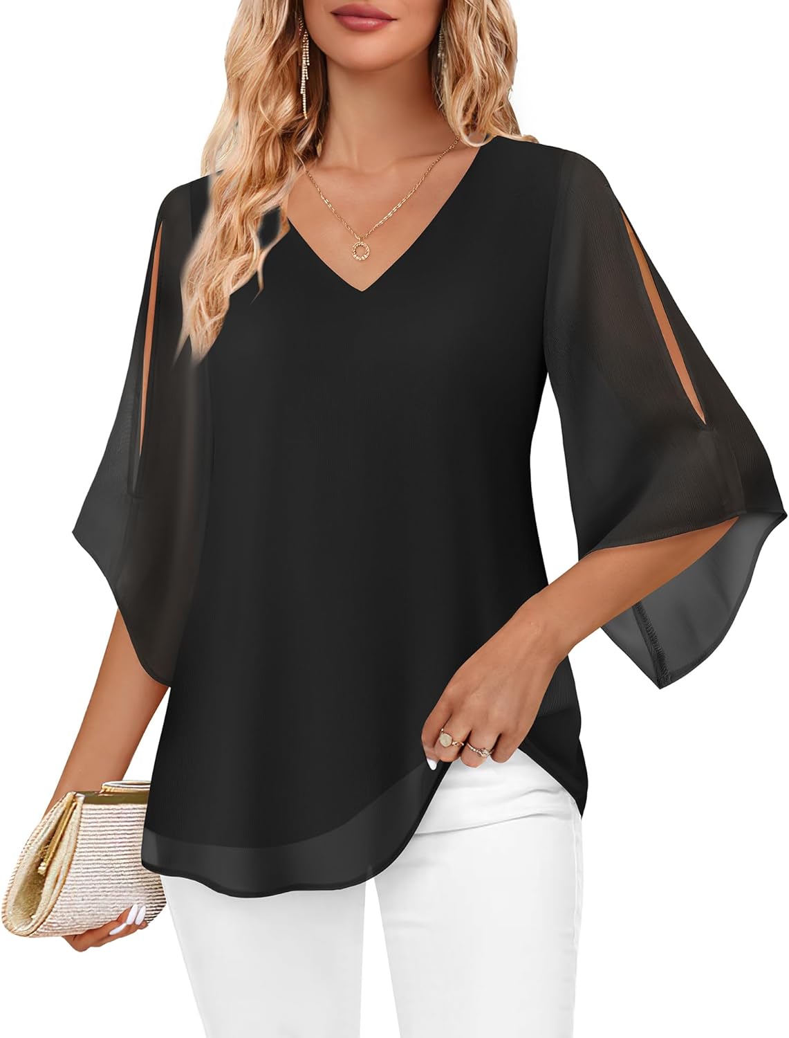Bebonnie Womens Ruffle 3/4 Sleeve V Neck Double Layers Chiffon Blouses Dressy To...