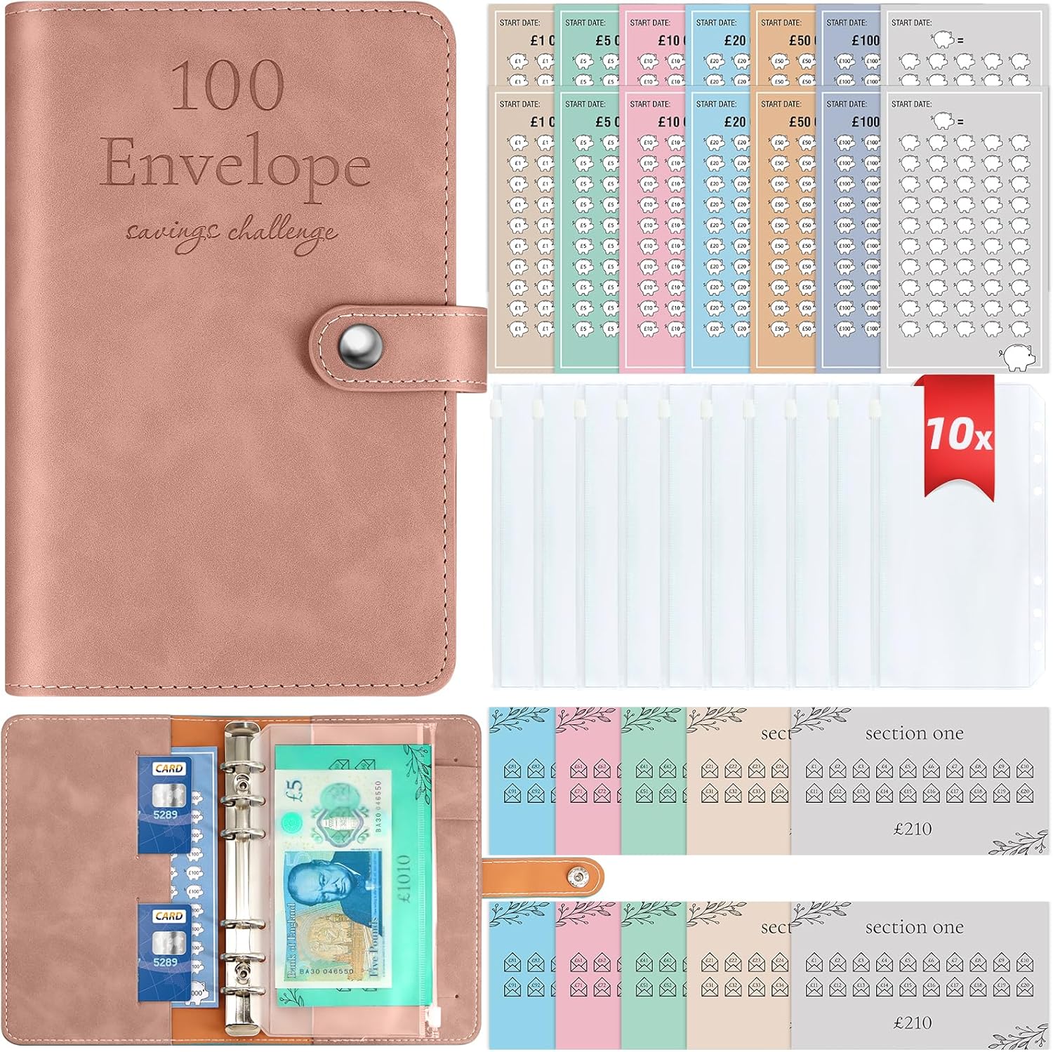 100 Envelope Challenge Binder, A6 Money Saving Wallet with Upgraded Cash Envelop...
