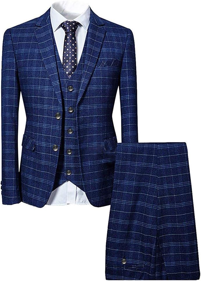 Cloudstyle Men's 3 Piece Slim Fit Checked Suit, Special Checked Suit in Blue/Bla...