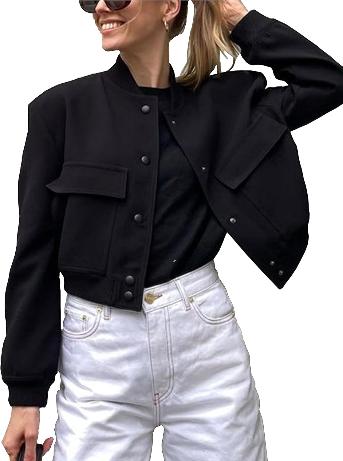 Womens Cropped Bomber Jacket Button Down Varsity Jackets Shackets With Pockets M...
