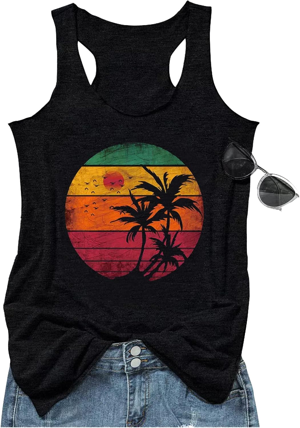 Womens Mandala Vintage Graphic Racerback Tank Tops Summer Casual Loose O-Neck Ta...