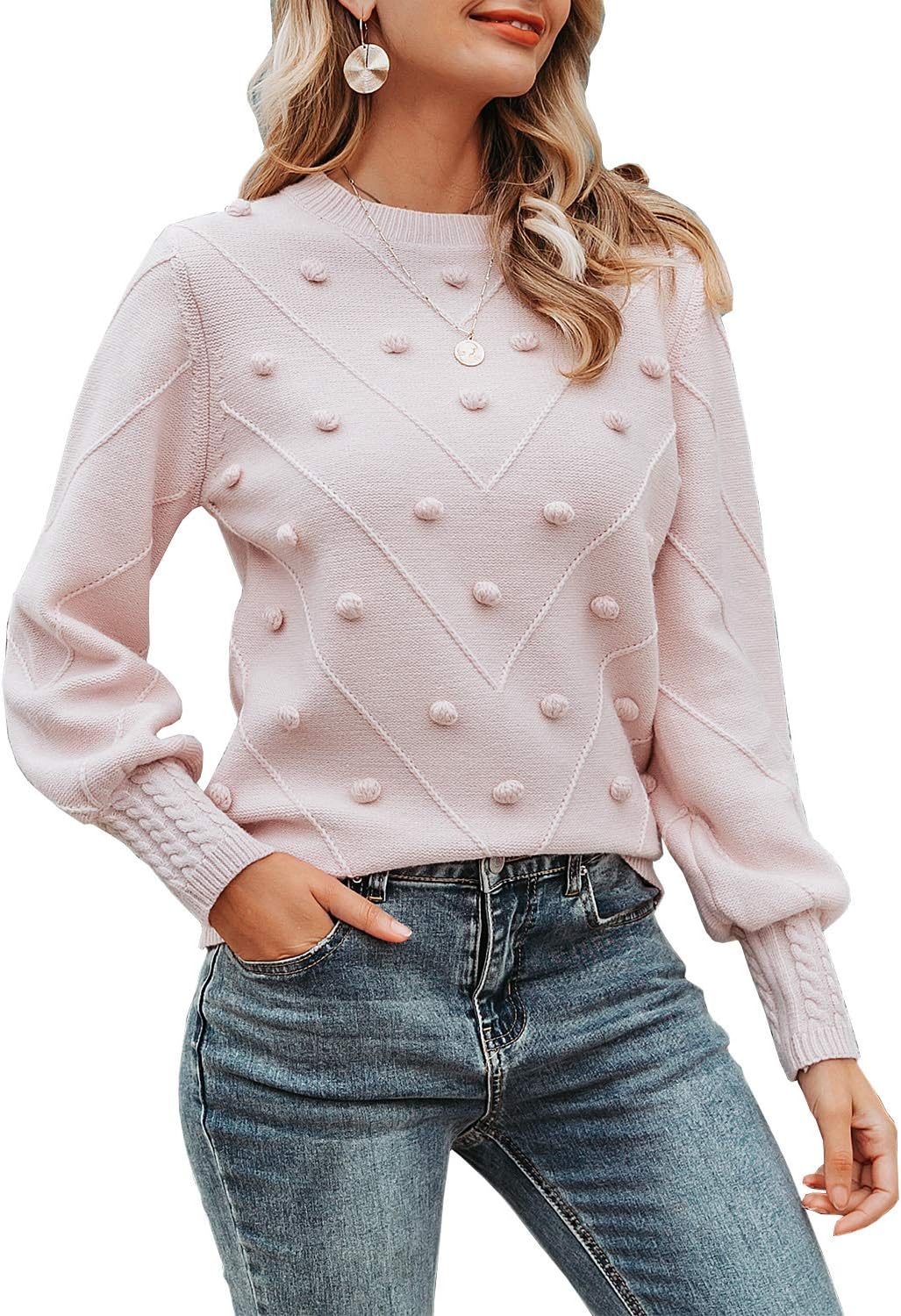 Miessial Women's Fall Crew Neck Pullover Sweater Cute Long Puff Sleeve Chunky Kn...