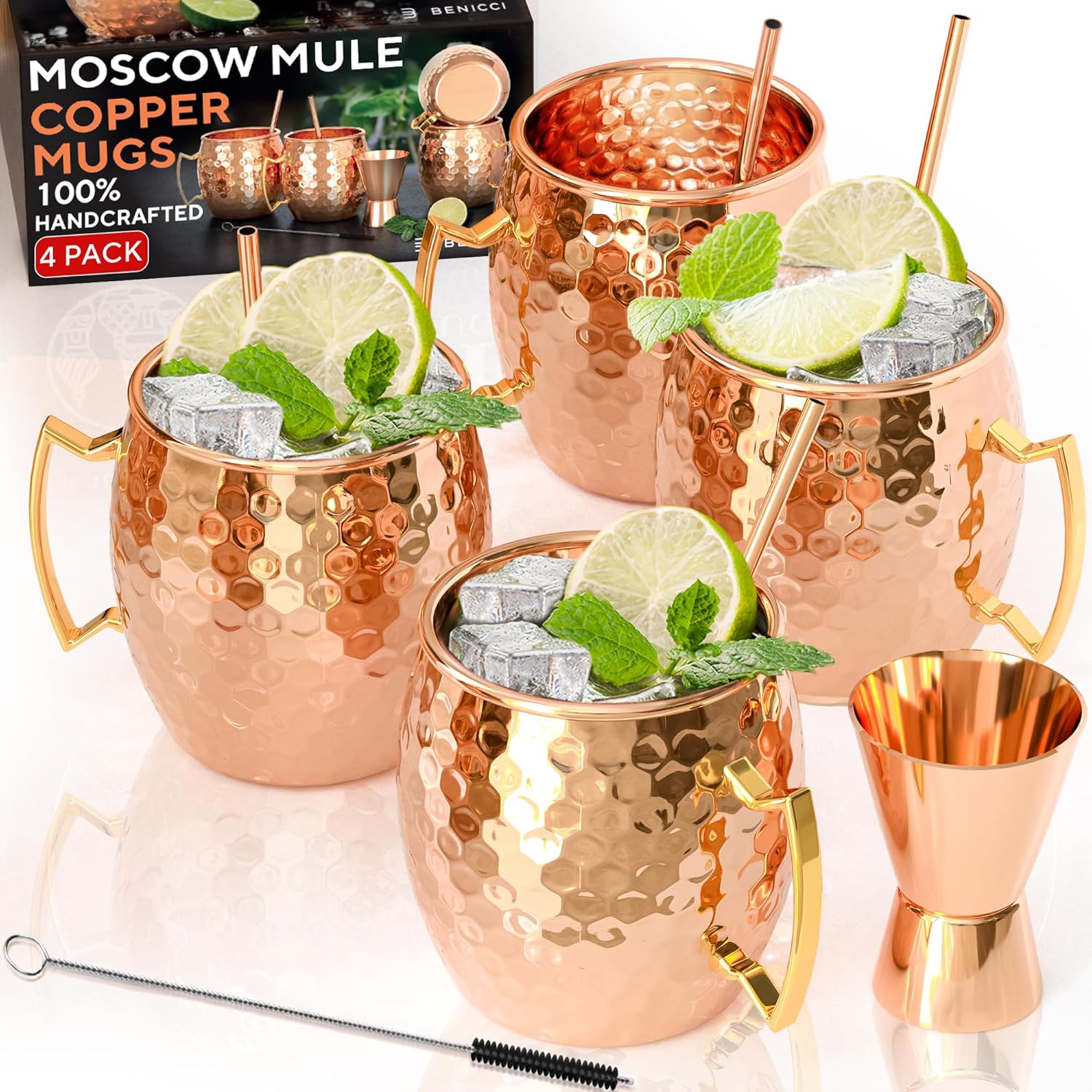 Benicci Moscow Mule Copper Mugs - Set of 4-100% HANDCRAFTED - Food Safe Pure Sol...
