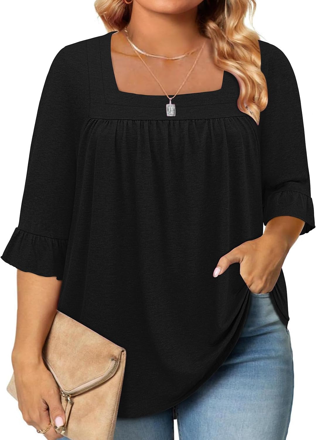 Siddhe Womens Plus Size Tops Loose Fit 3/4 Ruffle Sleeve Blouses Square Neck T S...