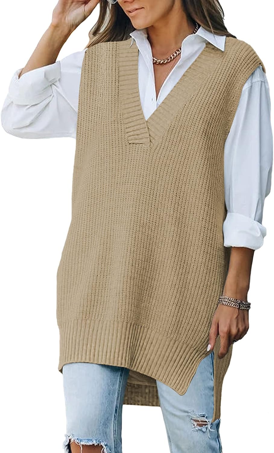 Viottiset Women's Oversized V Neck Knit Sweater Vest Tunic Sleeveless Pullover T...
