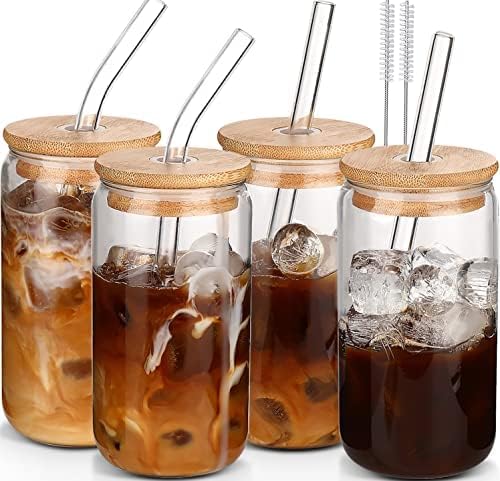 Glass Cups with Lids and Straws Set, DWTS DANWEITESI High-Quality Glass Cups for...
