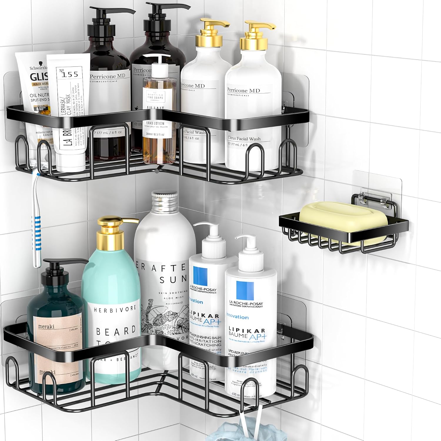 Moforoco Adhesive Corner Shower Caddy, 3 Pack Organizer Shelf with Soap Holder a...
