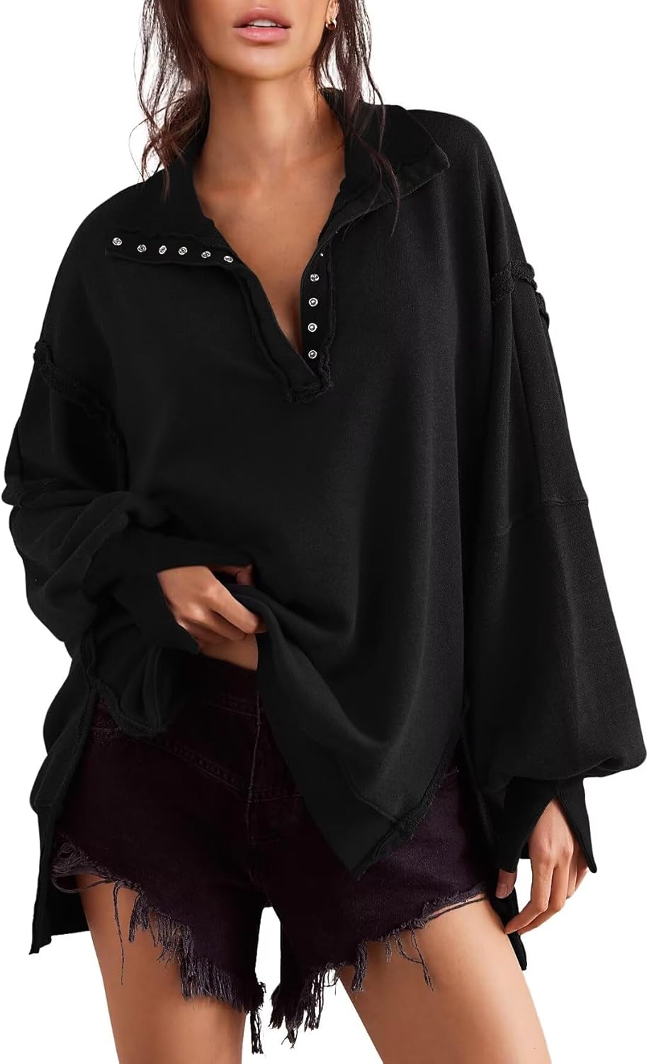 Oversized Sweatshirts for Women Fall Clothing for Women 2024 Trendy Henley Pullo...