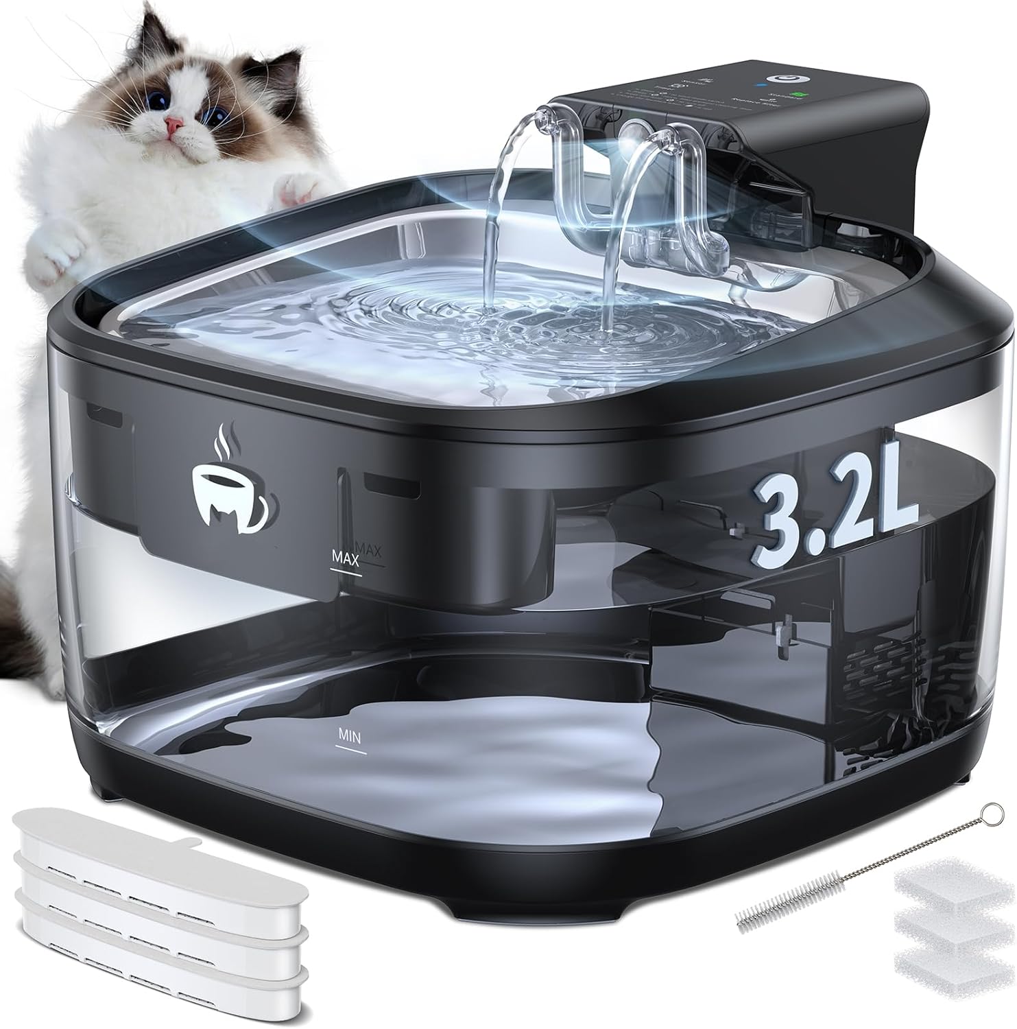 Wireless Cat Water Fountain, 108oz/3.2L Battery Operated Cat Water Fountain with...