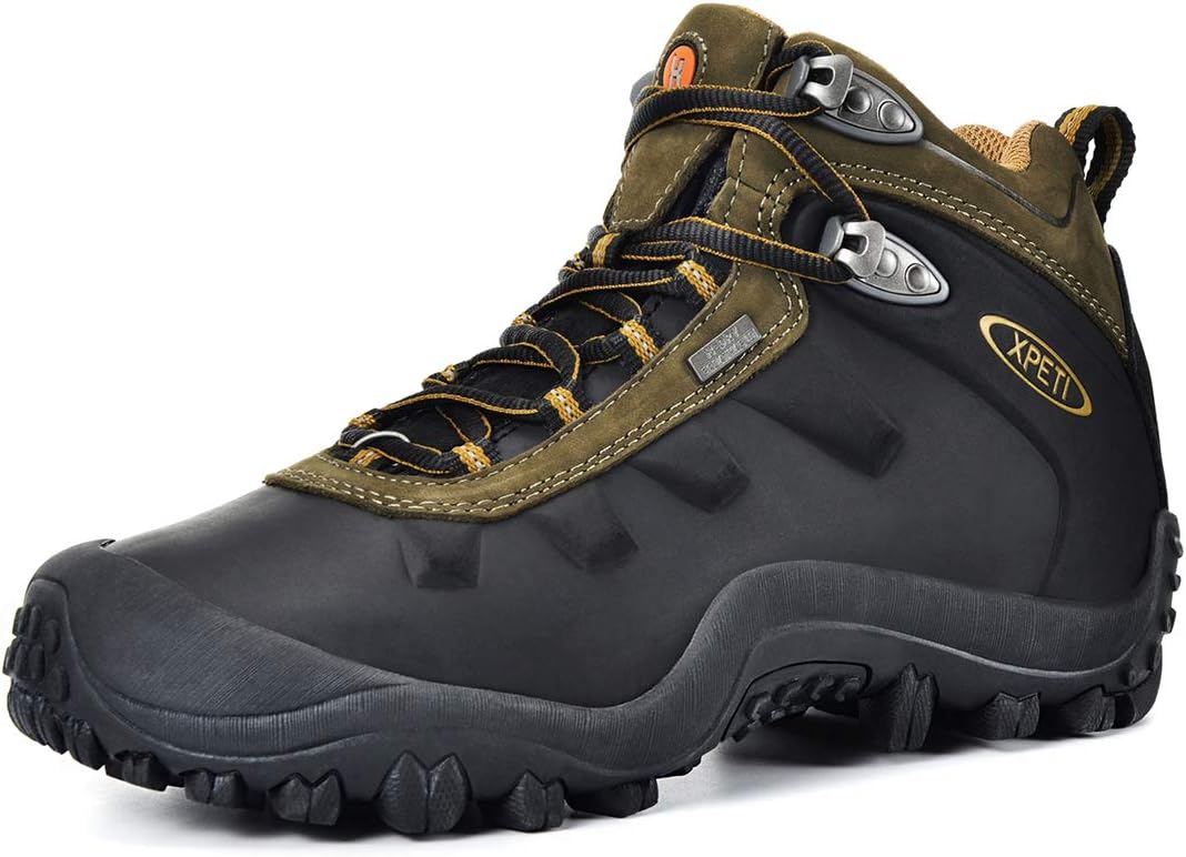 XPETI Men's Highland Leather Waterproof Walking Hiking Boots 10.5 UK Black Olive