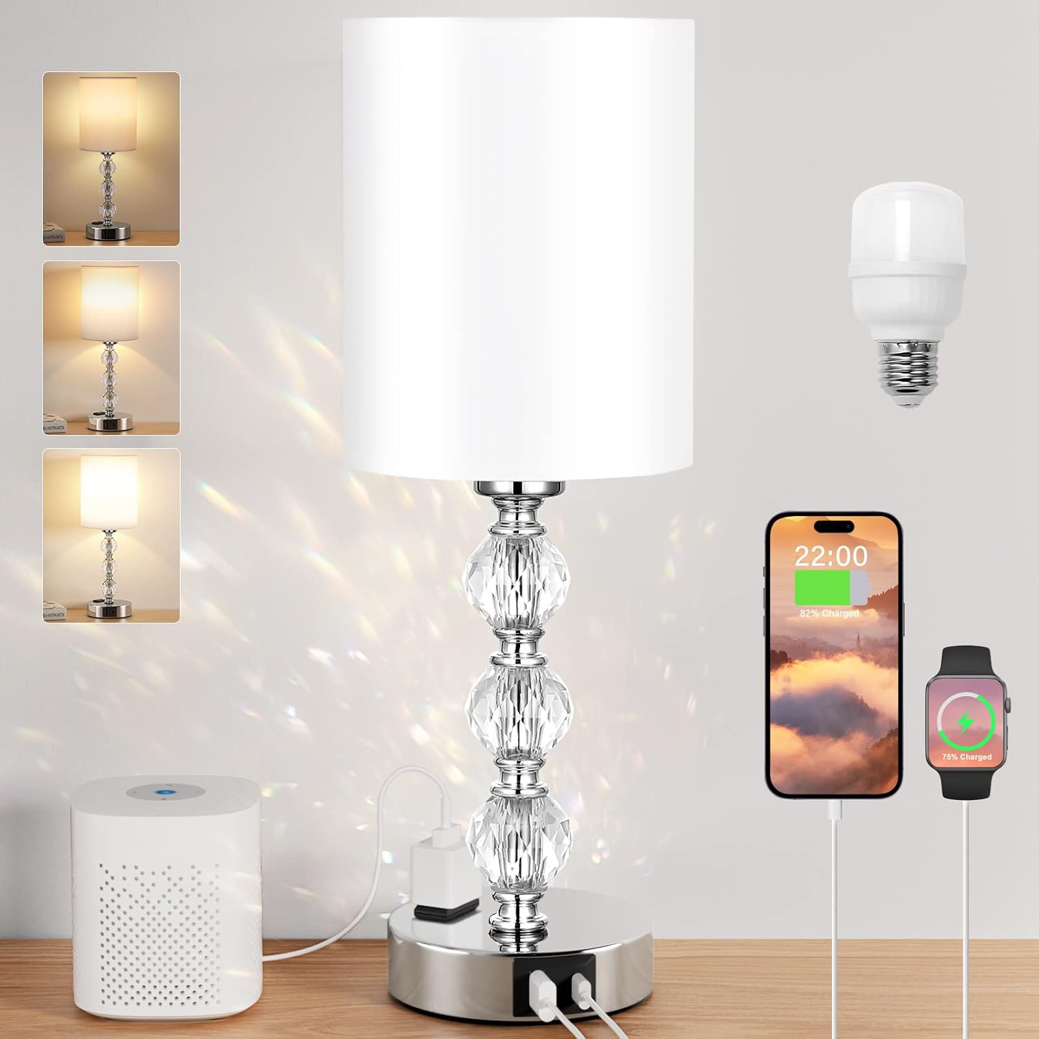 Touch Bedside Crystal Lamps for Bedrooms Nightstand with USB C+A Charging Port a...