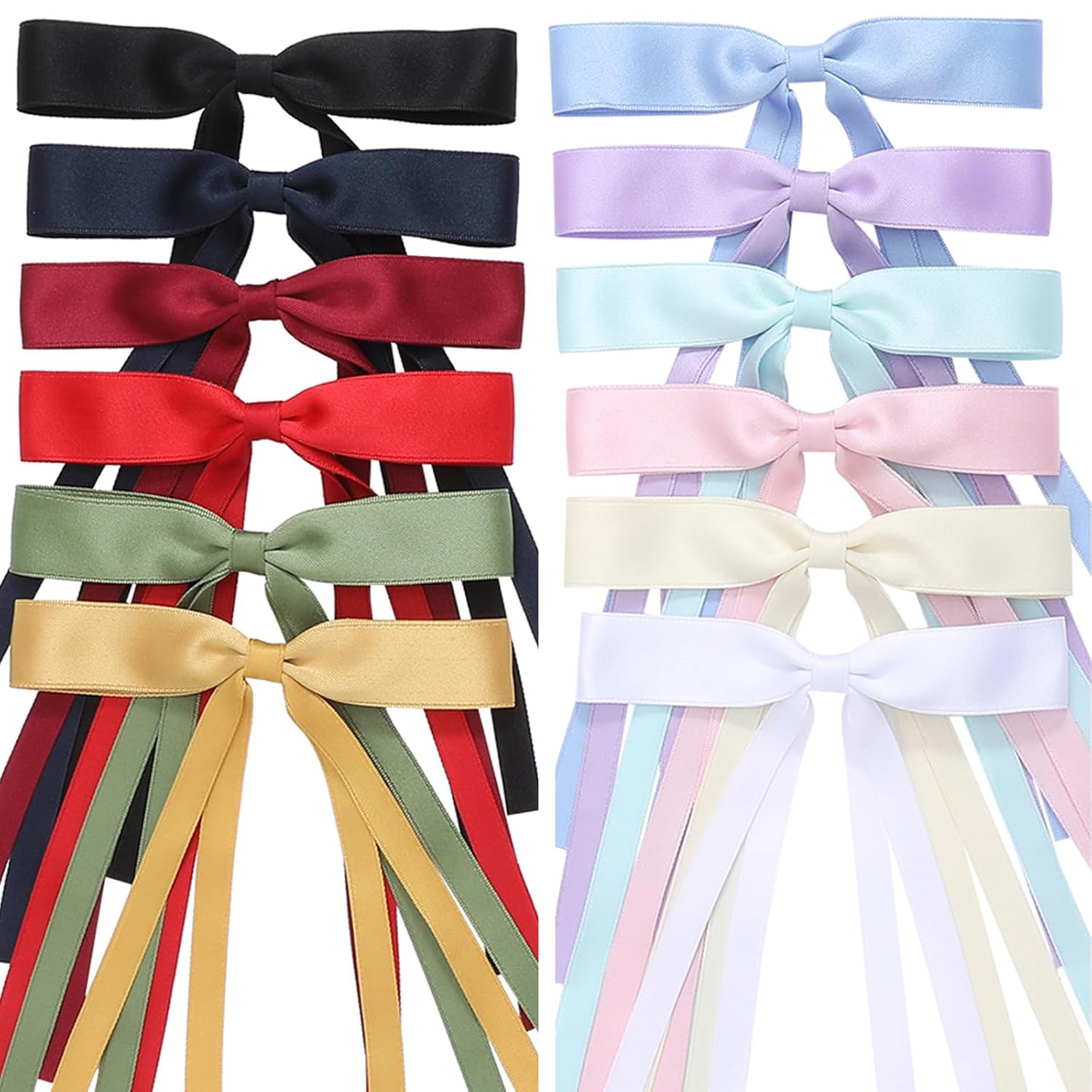Hair Bows Set: 12 PCS Ribbon Bowknot Clips and Barrettes with Long Tails for Wom...