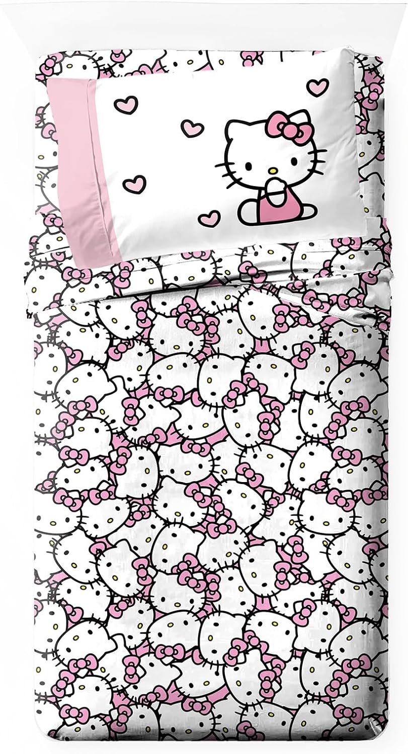 Jay Franco Hello Kitty Pink Stripes & Hearts Twin Size Sheet Set - Super Soft 3...