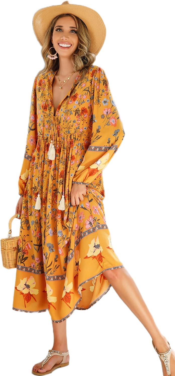 R.Vivimos Women's Long Sleeve Floral Print Retro V Neck Tassel Bohemian Midi Dre...