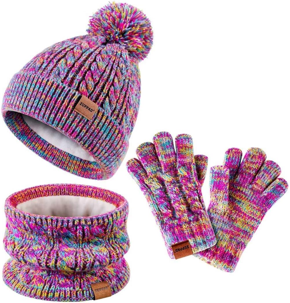 Kids Winter Hat Gloves Scarf Set,Girls Toddler Children Hats Beanie with Pom Kni...