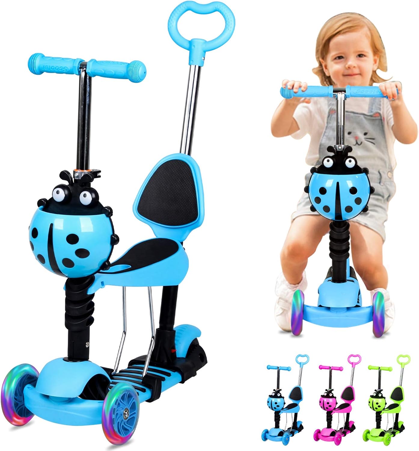 5 in 1 Kids Scooter, 3 Wheels Kick Scooter with LED Flashing Light, Adjustable R...
